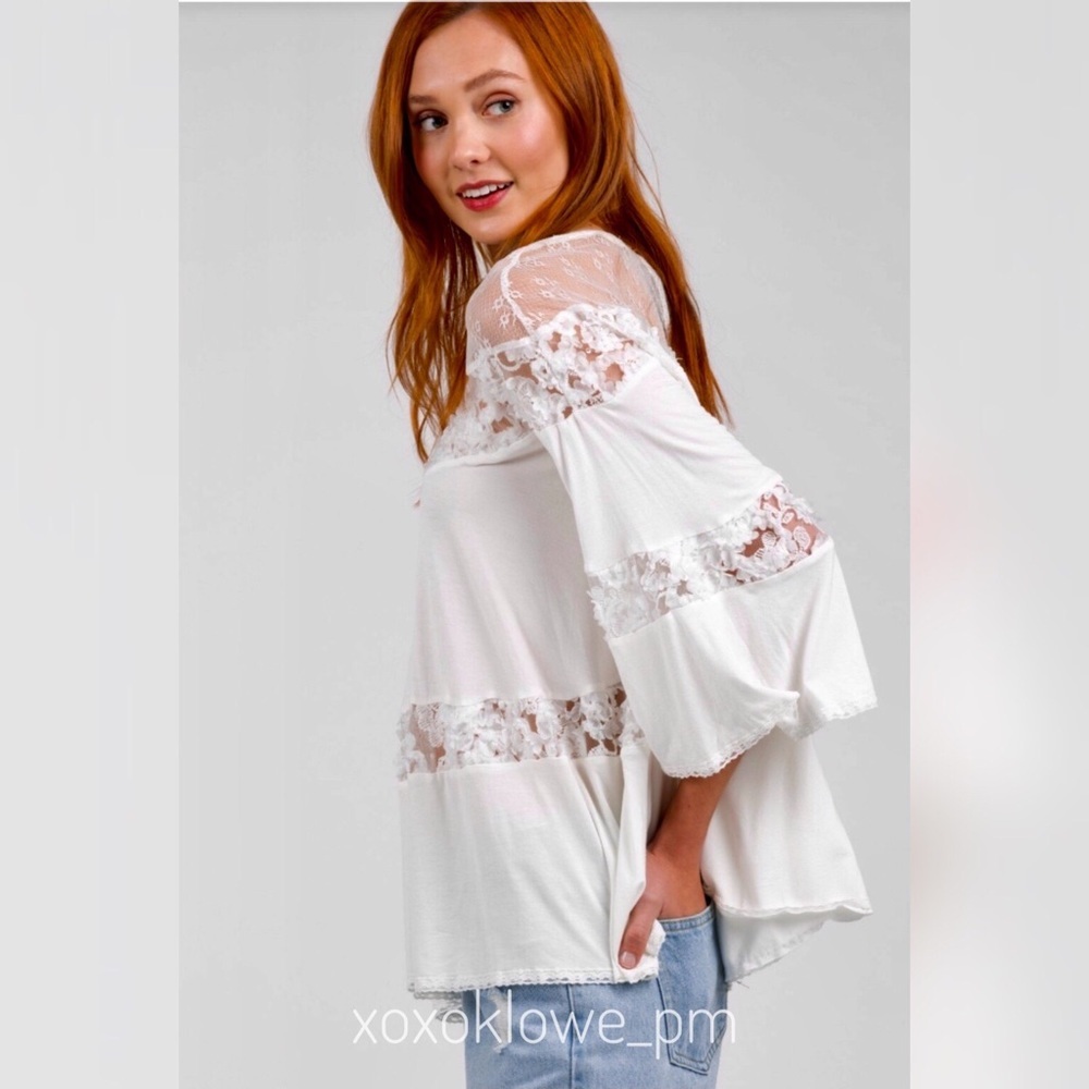 POL Ivory Rayon Jersey Lace Boho Top | 3D Floral Lace Sequin Detail Blouse - Picture 4 of 9